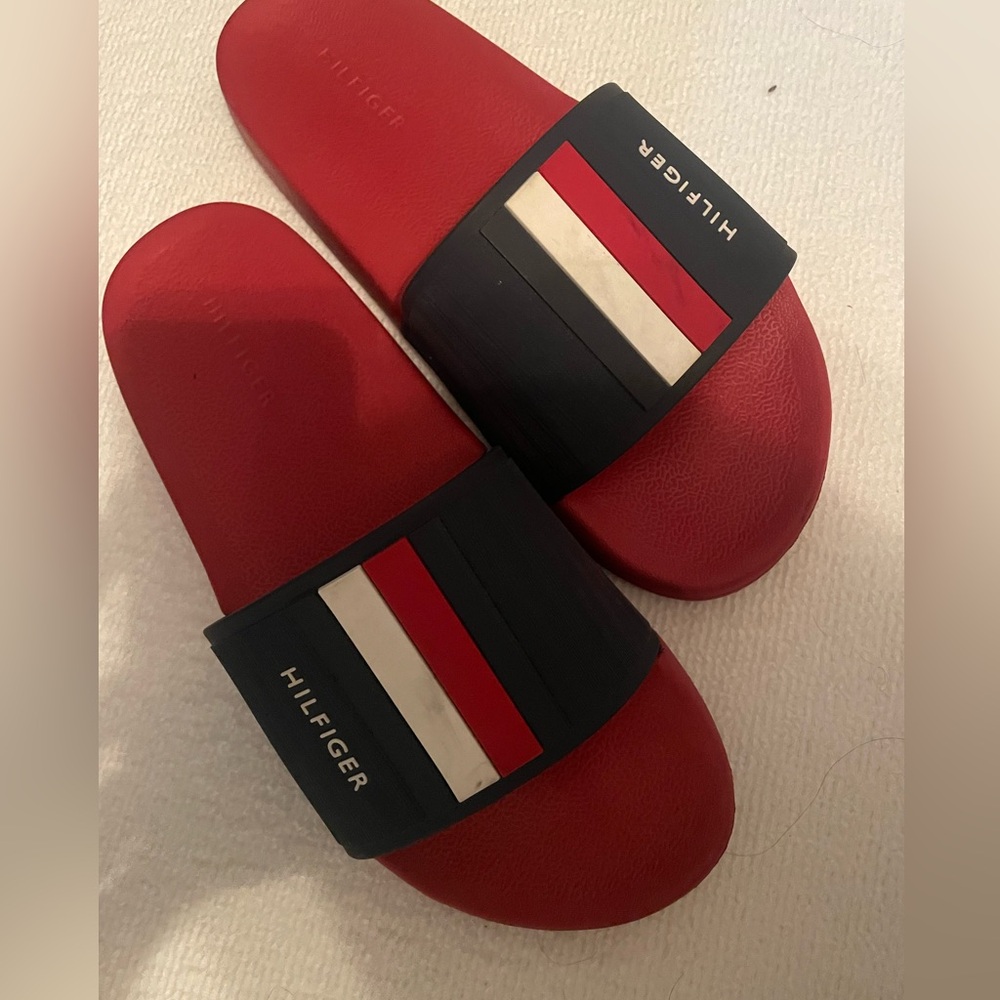Tommy Hilfiger Red and Black Slide Sandals